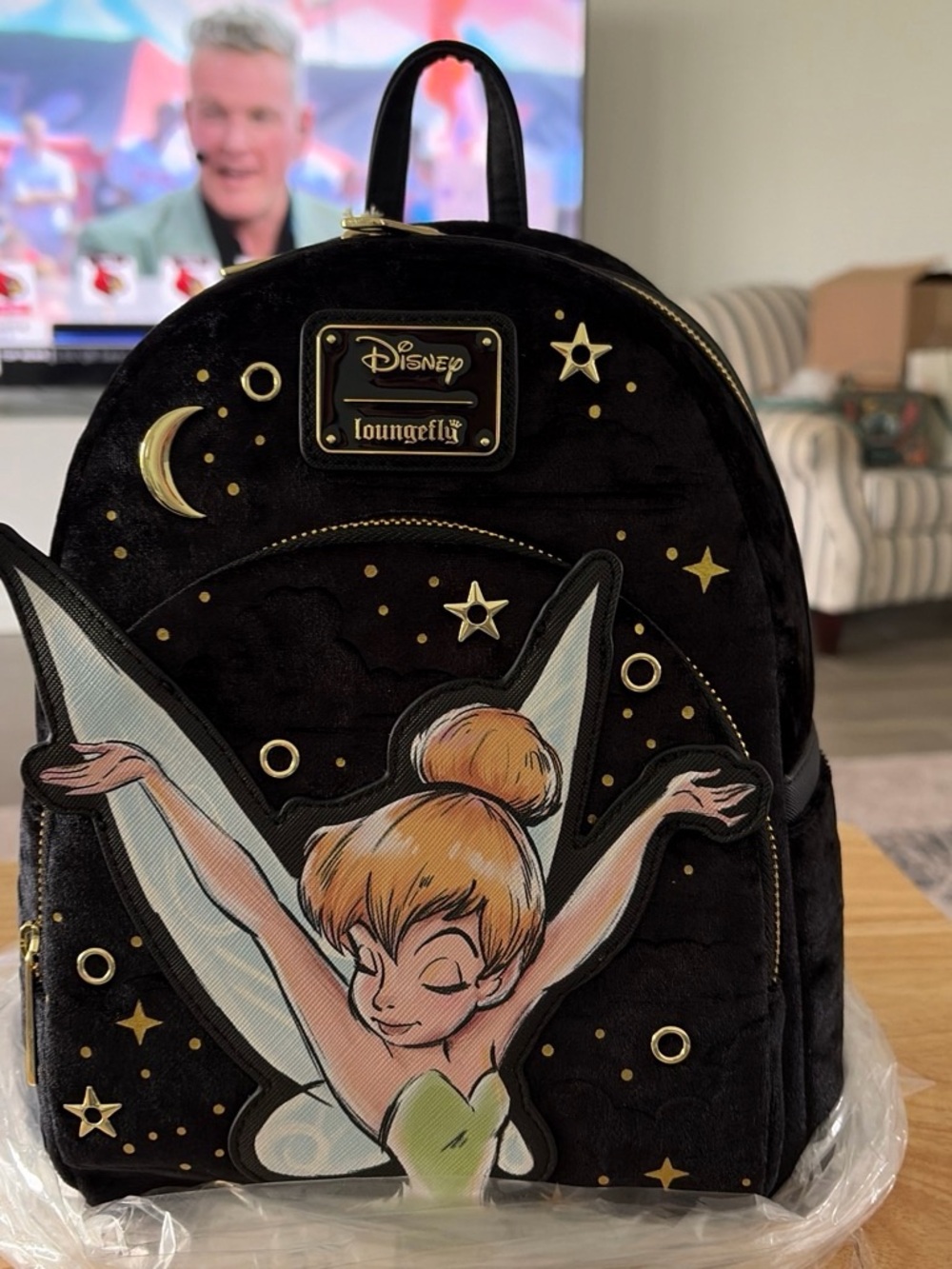 Loungefly Black Velvet Tinker Bell Mini Backpack with Gold Accents
